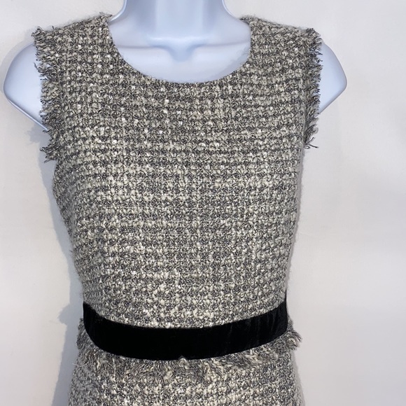 J. Crew Metallic and White Knit Tweed Fringe Velvet Trim Sheath Dress size 10p - Picture 5 of 16